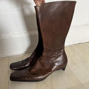 Vintage brown leather pointed boots kitten heel Narrow